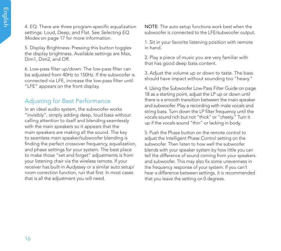 English, Adjusting for best performance | Definitive Technology 1x15"Longthrow Woofer and 2-15" Radiators (Black) User Manual | Page 16 / 59