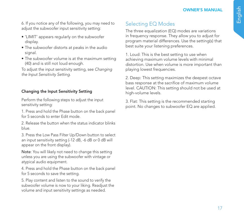 English, Selecting eq modes | Definitive Technology 1x15"Longthrow Woofer and 2-15" Radiators (Black) User Manual | Page 17 / 59