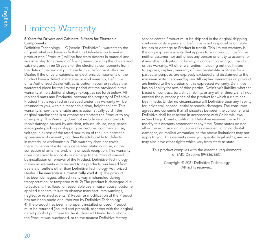 Limited warranty, English | Definitive Technology 1x15"Longthrow Woofer and 2-15" Radiators (Black) User Manual | Page 20 / 59