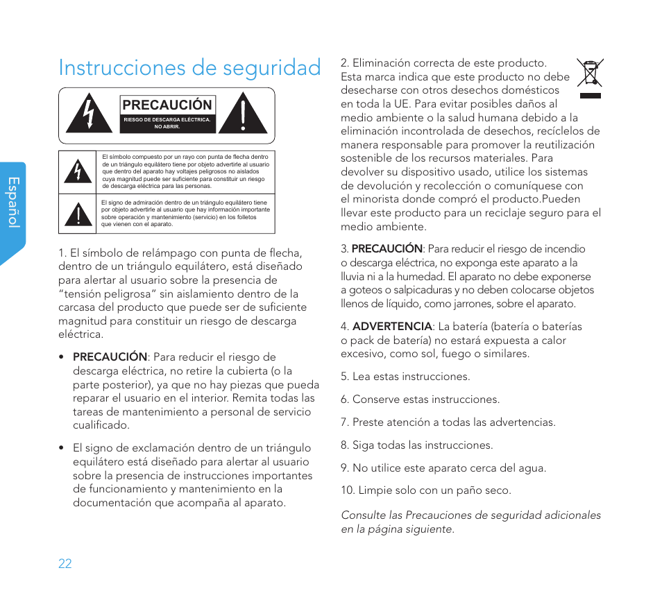 Instrucciones de seguridad, Español | Definitive Technology 1x15"Longthrow Woofer and 2-15" Radiators (Black) User Manual | Page 22 / 59