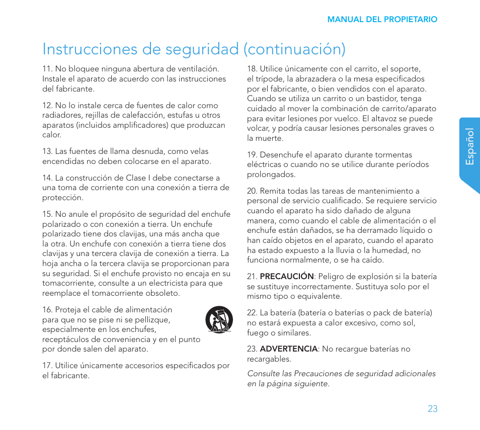 Instrucciones de seguridad (continuación), Español | Definitive Technology 1x15"Longthrow Woofer and 2-15" Radiators (Black) User Manual | Page 23 / 59