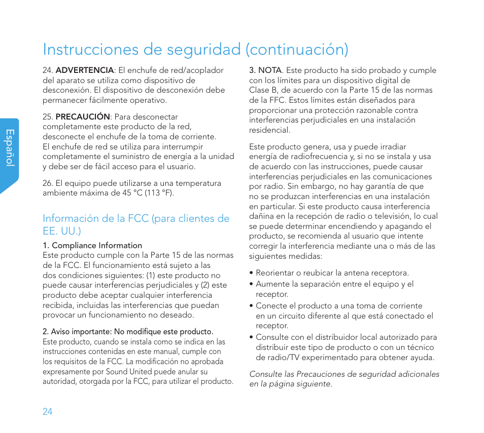 Instrucciones de seguridad (continuación), Español, Información de la fcc (para clientes de ee. uu.) | Definitive Technology 1x15"Longthrow Woofer and 2-15" Radiators (Black) User Manual | Page 24 / 59