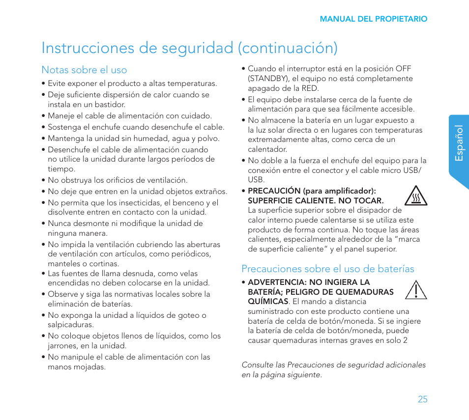 Instrucciones de seguridad (continuación), Español notas sobre el uso, Precauciones sobre el uso de baterías | Definitive Technology 1x15"Longthrow Woofer and 2-15" Radiators (Black) User Manual | Page 25 / 59