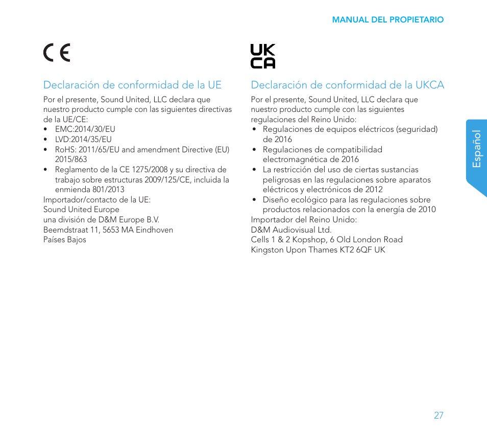 Español declaración de conformidad de la ue, Declaración de conformidad de la ukca | Definitive Technology 1x15"Longthrow Woofer and 2-15" Radiators (Black) User Manual | Page 27 / 59