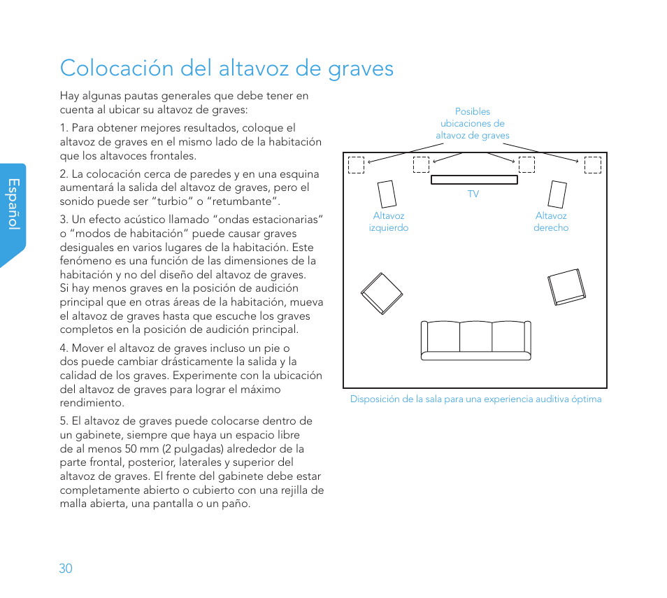 Colocación del altavoz de graves, Español | Definitive Technology 1x15"Longthrow Woofer and 2-15" Radiators (Black) User Manual | Page 30 / 59