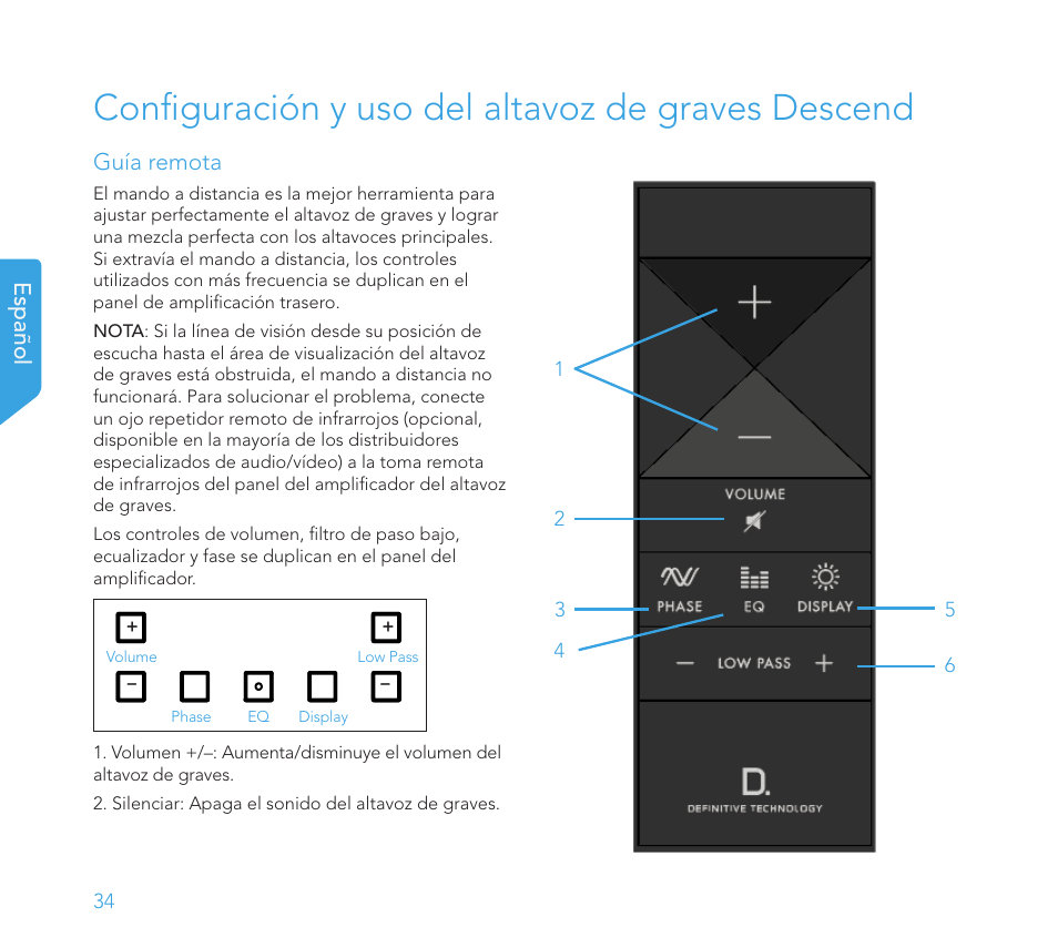 Configuración y uso del altavoz de graves descend, Español, Guía remota | Definitive Technology 1x15"Longthrow Woofer and 2-15" Radiators (Black) User Manual | Page 34 / 59