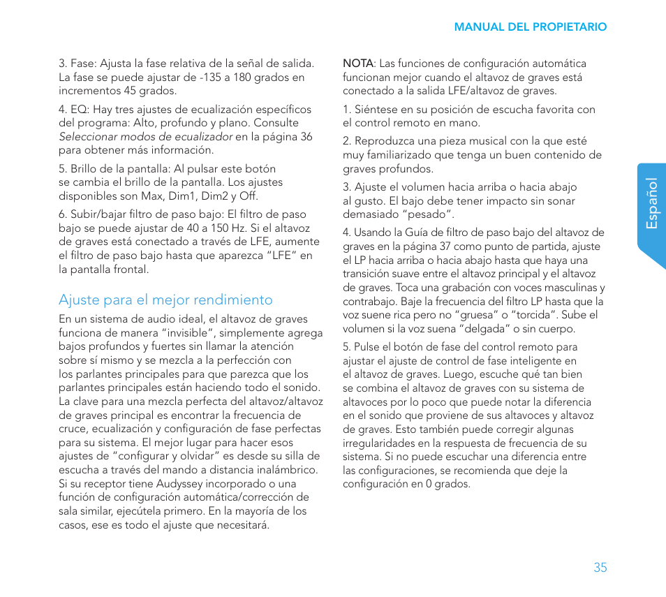 Español, Ajuste para el mejor rendimiento | Definitive Technology 1x15"Longthrow Woofer and 2-15" Radiators (Black) User Manual | Page 35 / 59