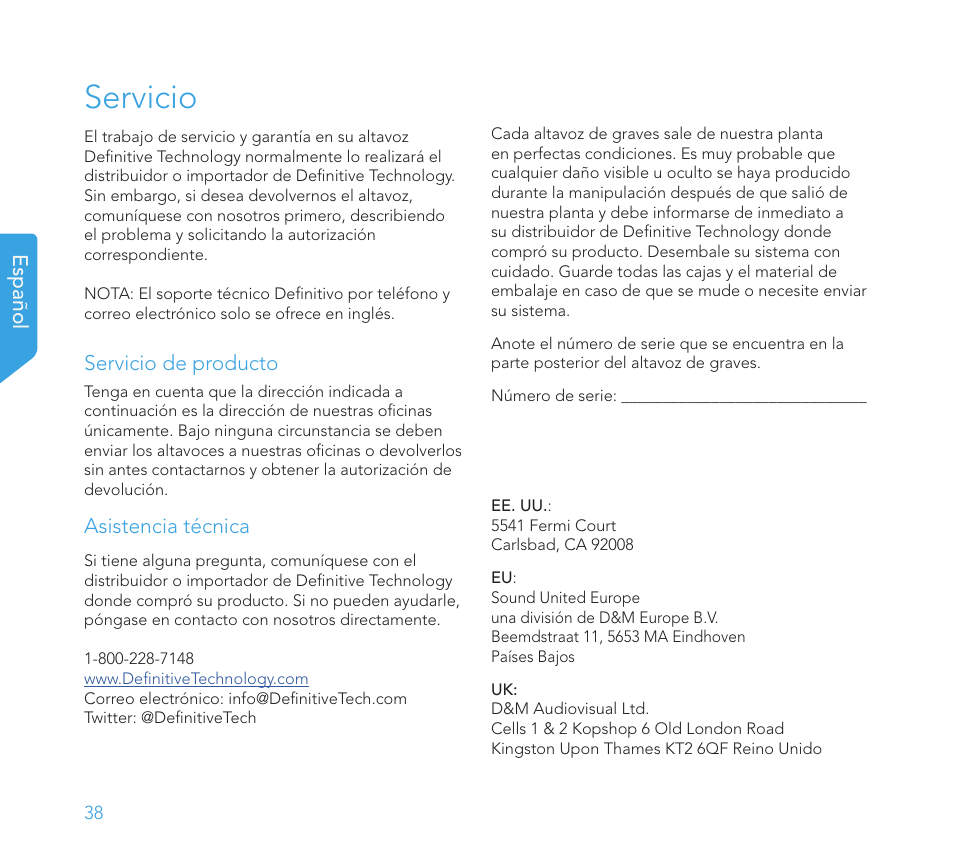 Servicio, Español, Servicio de producto | Asistencia técnica | Definitive Technology 1x15"Longthrow Woofer and 2-15" Radiators (Black) User Manual | Page 38 / 59