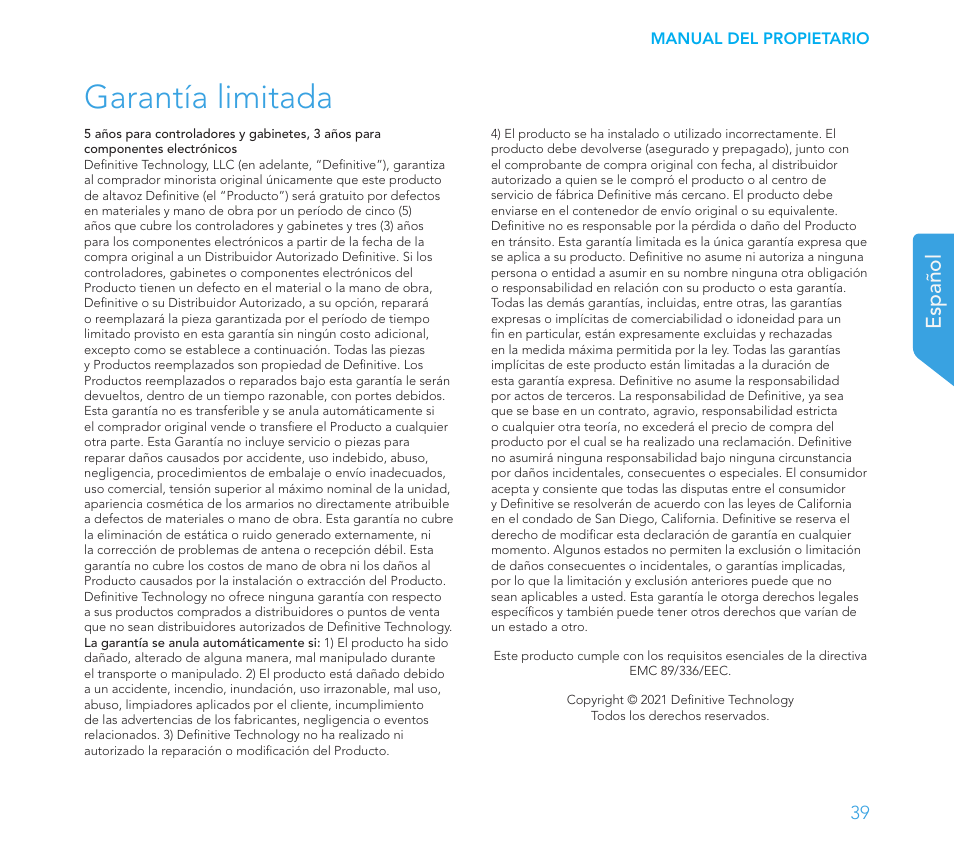 Garantía limitada, Español | Definitive Technology 1x15"Longthrow Woofer and 2-15" Radiators (Black) User Manual | Page 39 / 59