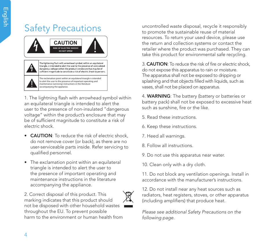 Safety precautions, English | Definitive Technology 1x15"Longthrow Woofer and 2-15" Radiators (Black) User Manual | Page 4 / 59