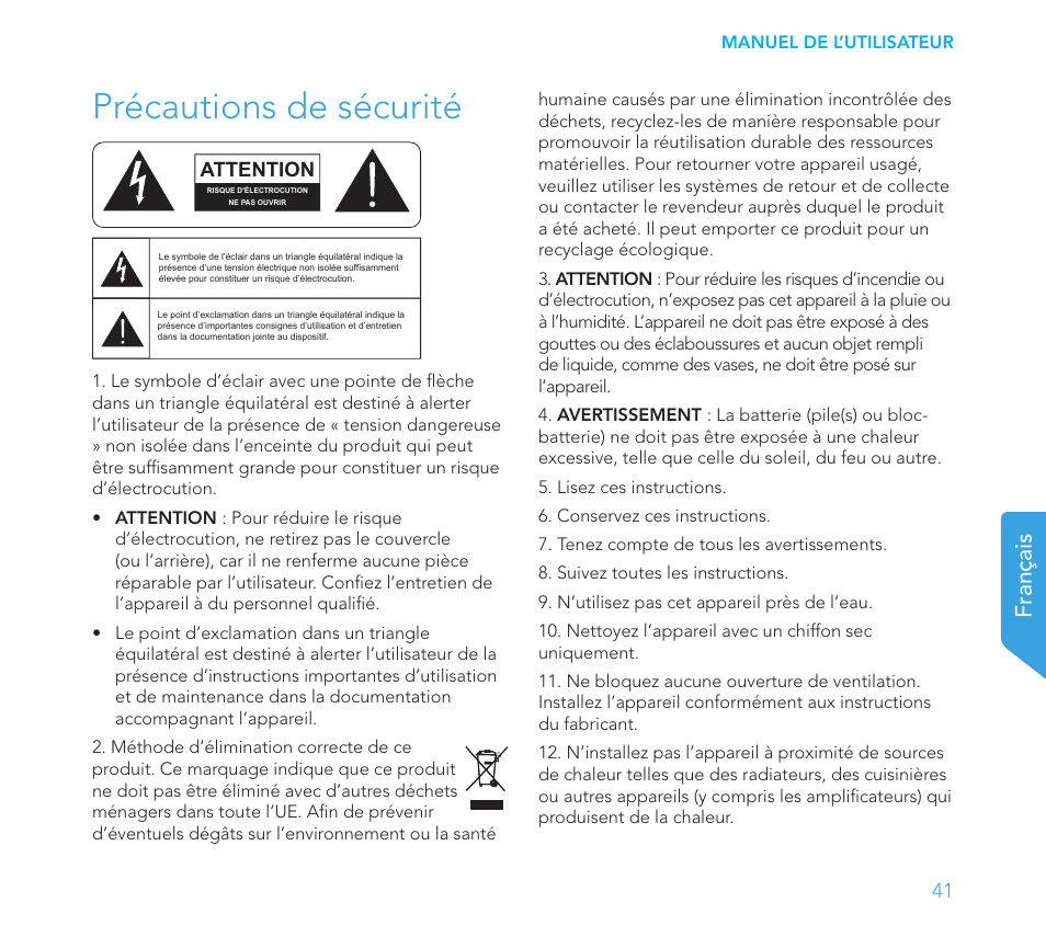 Précautions de sécurité, Français | Definitive Technology 1x15"Longthrow Woofer and 2-15" Radiators (Black) User Manual | Page 41 / 59