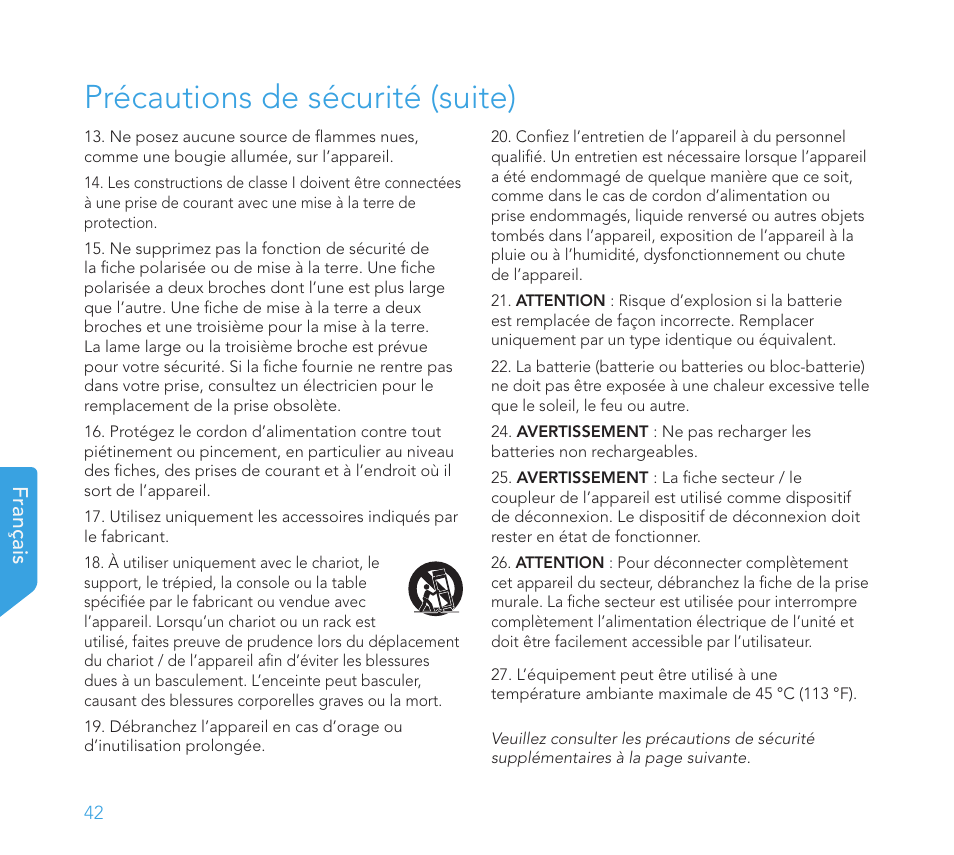 Précautions de sécurité (suite), Français | Definitive Technology 1x15"Longthrow Woofer and 2-15" Radiators (Black) User Manual | Page 42 / 59