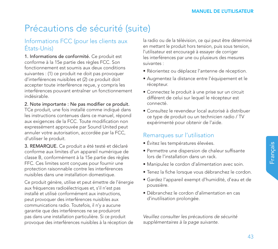 Précautions de sécurité (suite), Remarques sur l’utilisation | Definitive Technology 1x15"Longthrow Woofer and 2-15" Radiators (Black) User Manual | Page 43 / 59