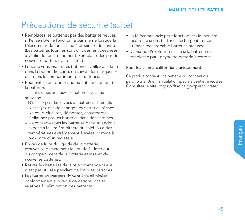 Précautions de sécurité (suite), Français | Definitive Technology 1x15"Longthrow Woofer and 2-15" Radiators (Black) User Manual | Page 45 / 59