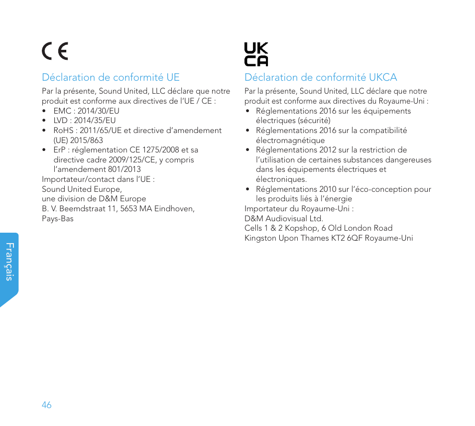 Français déclaration de conformité ue, Déclaration de conformité ukca | Definitive Technology 1x15"Longthrow Woofer and 2-15" Radiators (Black) User Manual | Page 46 / 59