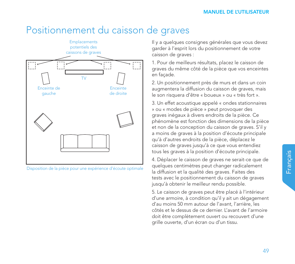 Positionnement du caisson de graves, Français | Definitive Technology 1x15"Longthrow Woofer and 2-15" Radiators (Black) User Manual | Page 49 / 59