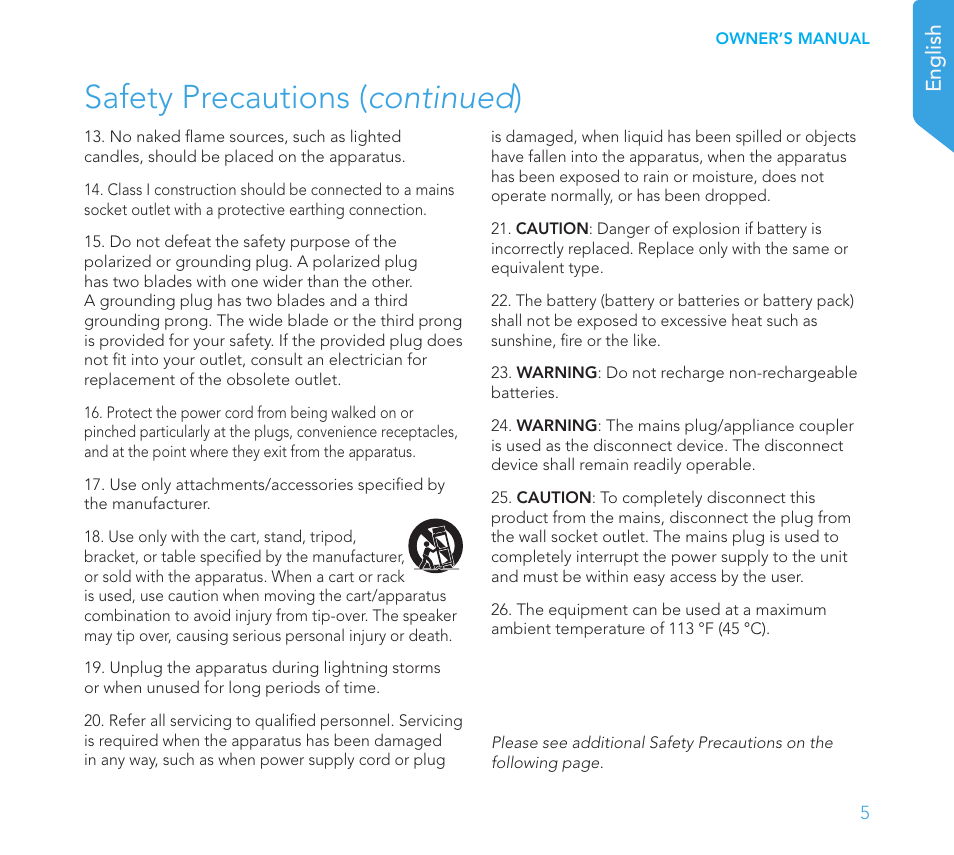 Safety precautions ( continued ) | Definitive Technology 1x15"Longthrow Woofer and 2-15" Radiators (Black) User Manual | Page 5 / 59