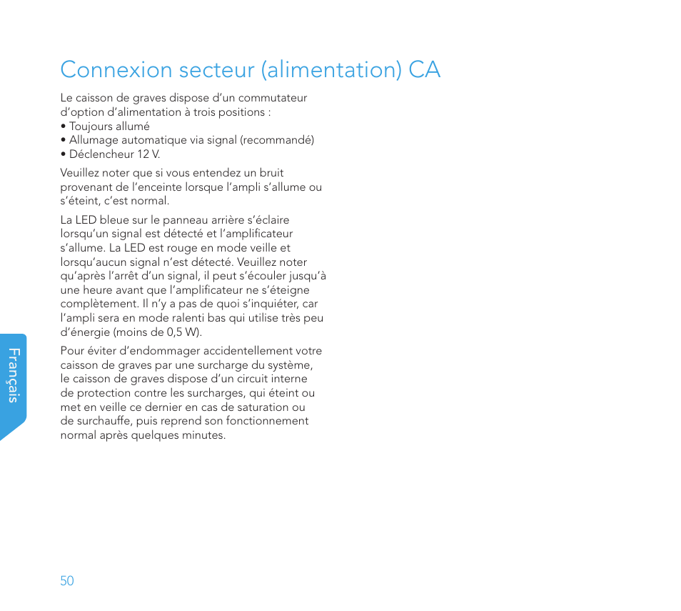 Connexion secteur (alimentation) ca | Definitive Technology 1x15"Longthrow Woofer and 2-15" Radiators (Black) User Manual | Page 50 / 59