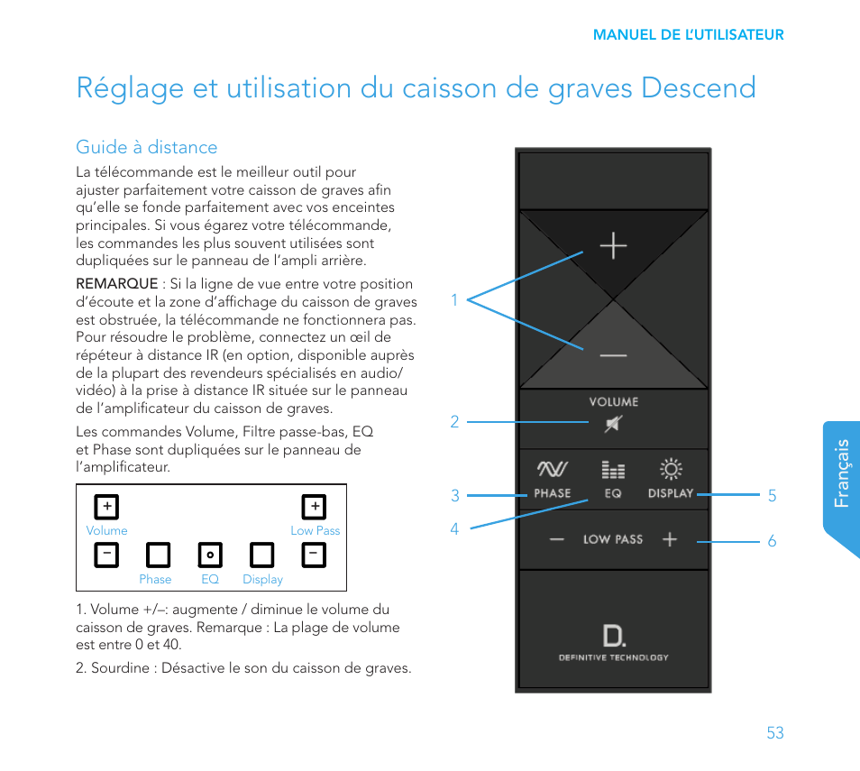 Français, Guide à distance | Definitive Technology 1x15"Longthrow Woofer and 2-15" Radiators (Black) User Manual | Page 53 / 59