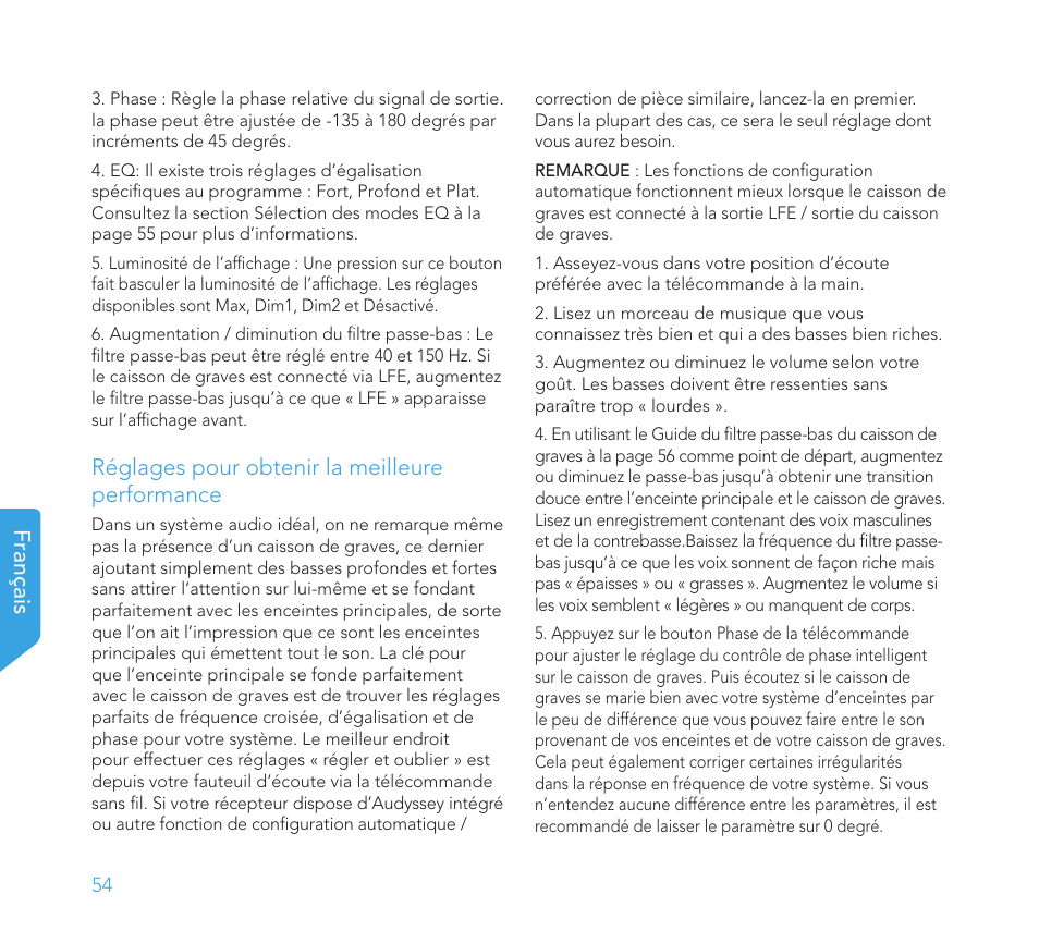 Français, Réglages pour obtenir la meilleure performance | Definitive Technology 1x15"Longthrow Woofer and 2-15" Radiators (Black) User Manual | Page 54 / 59