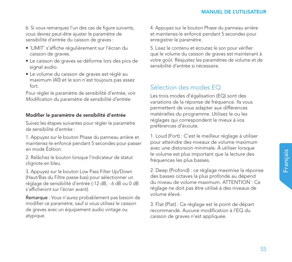 Français, Sélection des modes eq | Definitive Technology 1x15"Longthrow Woofer and 2-15" Radiators (Black) User Manual | Page 55 / 59