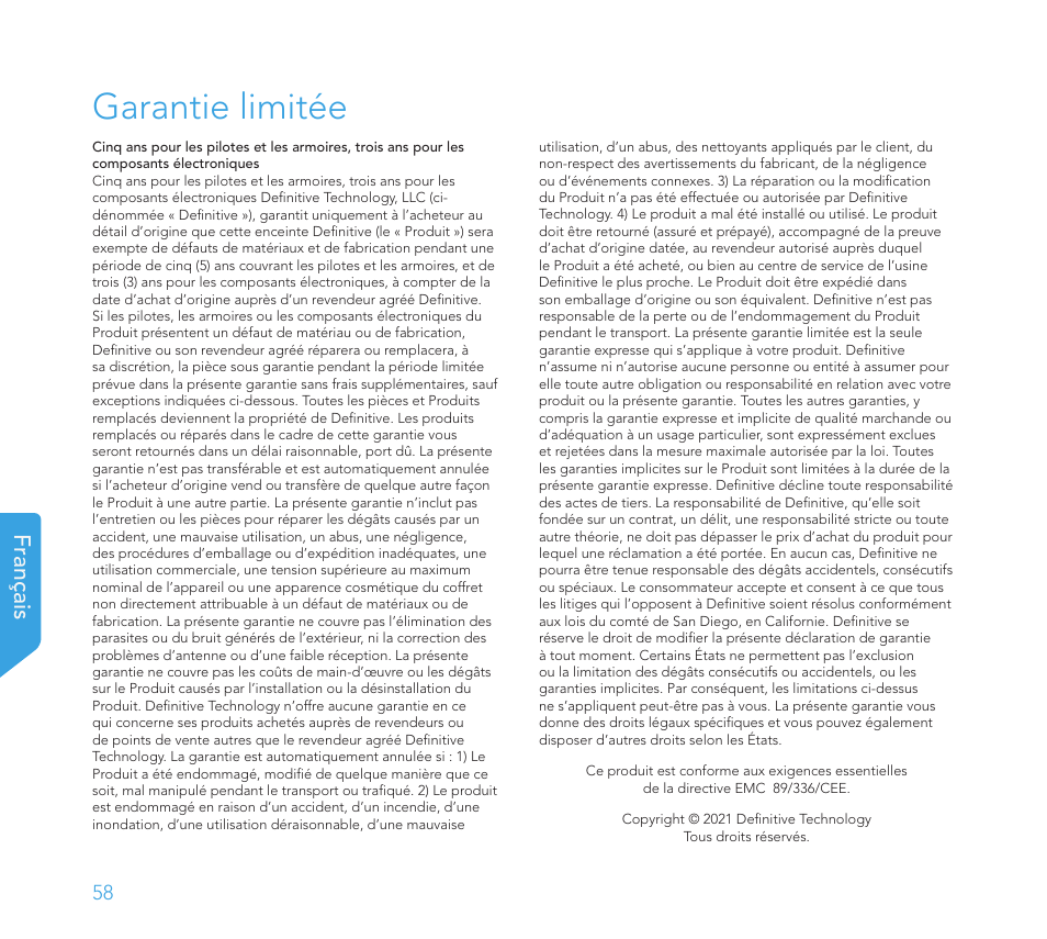 Garantie limitée, Français | Definitive Technology 1x15"Longthrow Woofer and 2-15" Radiators (Black) User Manual | Page 58 / 59