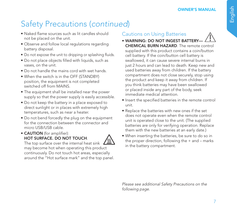 Safety precautions ( continued ), English, Cautions on using batteries | Definitive Technology 1x15"Longthrow Woofer and 2-15" Radiators (Black) User Manual | Page 7 / 59