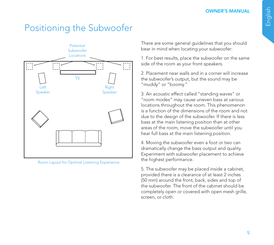 Positioning the subwoofer, English | Definitive Technology 1x8"Longthrow Woofer and 2-8" Radiators (Black) User Manual | Page 10 / 138