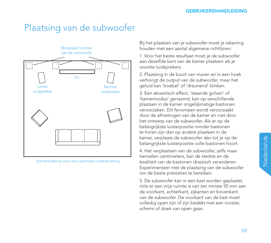 Plaatsing van de subwoofer, Nederlands | Definitive Technology 1x8"Longthrow Woofer and 2-8" Radiators (Black) User Manual | Page 100 / 138