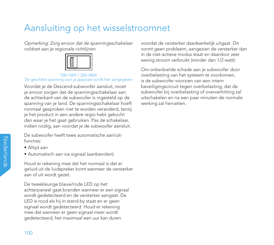 Aansluiting op het wisselstroomnet, Nederlands | Definitive Technology 1x8"Longthrow Woofer and 2-8" Radiators (Black) User Manual | Page 101 / 138