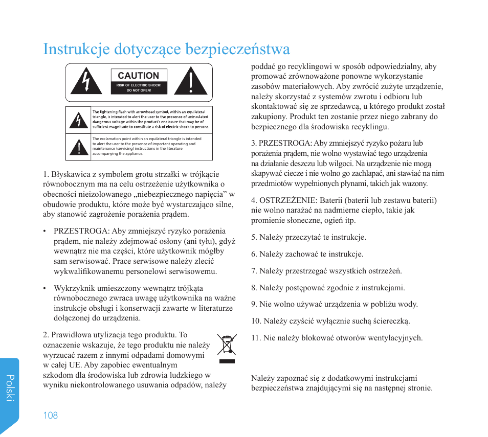 Instrukcje dotyczące bezpieczeństwa, Polski | Definitive Technology 1x8"Longthrow Woofer and 2-8" Radiators (Black) User Manual | Page 109 / 138