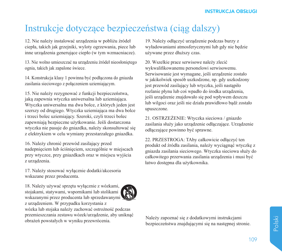 Instrukcje dotyczące bezpieczeństwa (ciąg dalszy), Polski | Definitive Technology 1x8"Longthrow Woofer and 2-8" Radiators (Black) User Manual | Page 110 / 138