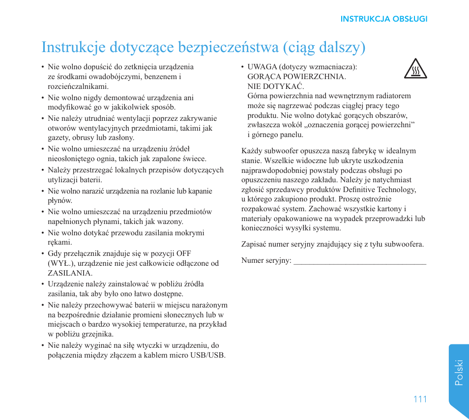 Instrukcje dotyczące bezpieczeństwa (ciąg dalszy), Polski | Definitive Technology 1x8"Longthrow Woofer and 2-8" Radiators (Black) User Manual | Page 112 / 138