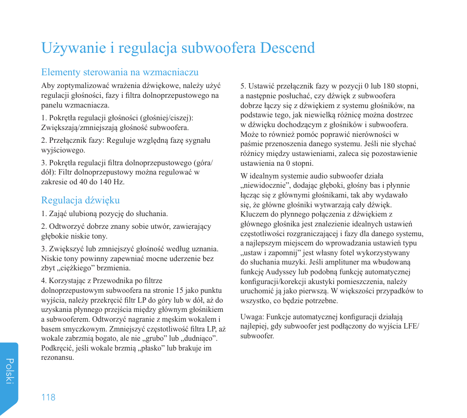Używanie i regulacja subwoofera descend, Polski, Elementy sterowania na wzmacniaczu | Regulacja dźwięku | Definitive Technology 1x8"Longthrow Woofer and 2-8" Radiators (Black) User Manual | Page 119 / 138
