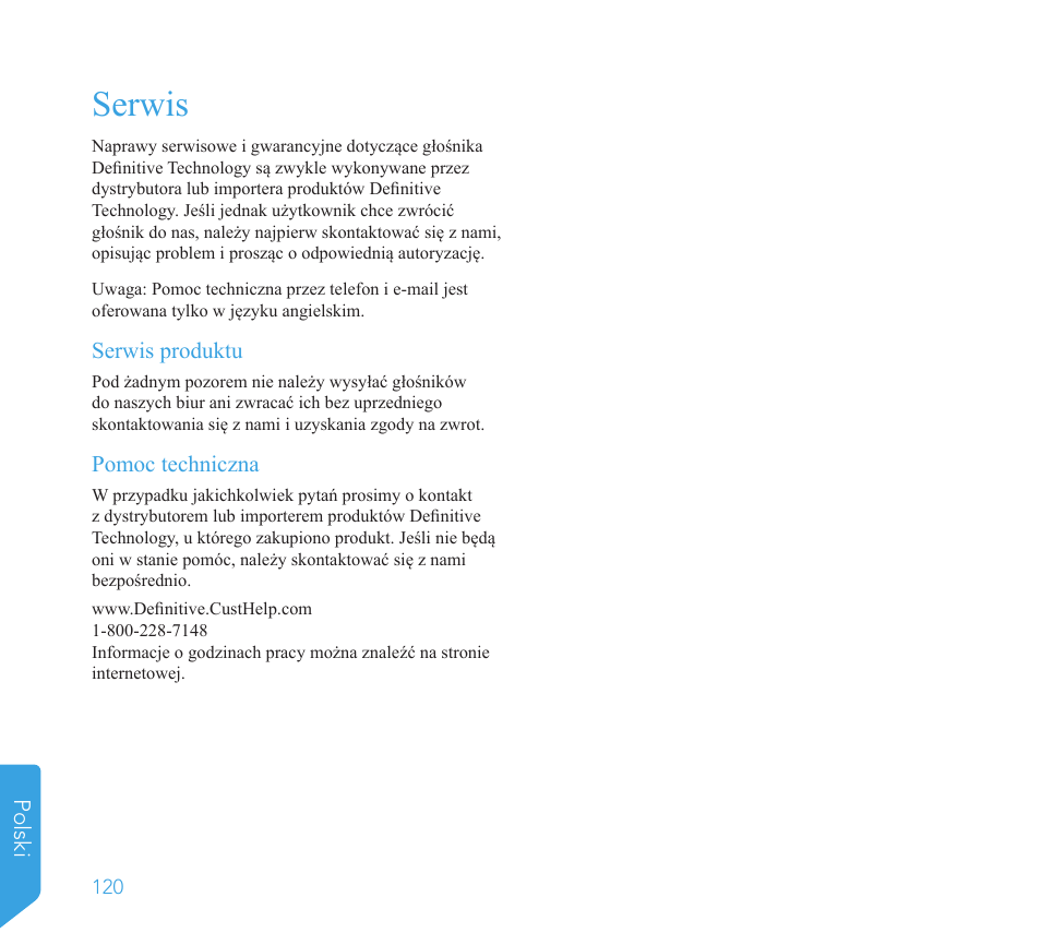 Serwis, Polski, Serwis produktu | Pomoc techniczna | Definitive Technology 1x8"Longthrow Woofer and 2-8" Radiators (Black) User Manual | Page 121 / 138