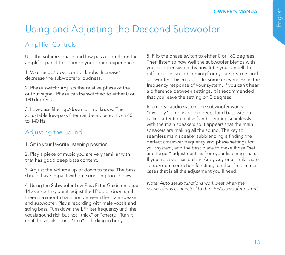 Using and adjusting the descend subwoofer | Definitive Technology 1x8"Longthrow Woofer and 2-8" Radiators (Black) User Manual | Page 14 / 138