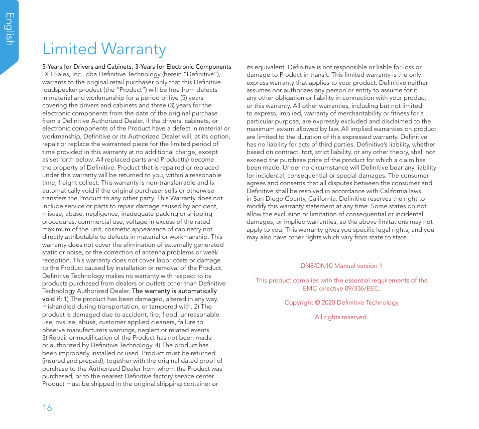 Limited warranty, English | Definitive Technology 1x8"Longthrow Woofer and 2-8" Radiators (Black) User Manual | Page 17 / 138