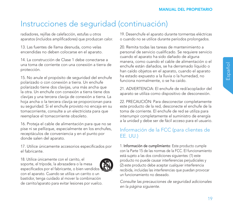 Instrucciones de seguridad (continuación), Español, Información de la fcc (para clientes de ee. uu.) | Definitive Technology 1x8"Longthrow Woofer and 2-8" Radiators (Black) User Manual | Page 20 / 138