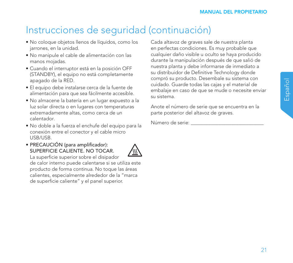 Instrucciones de seguridad (continuación), Español | Definitive Technology 1x8"Longthrow Woofer and 2-8" Radiators (Black) User Manual | Page 22 / 138