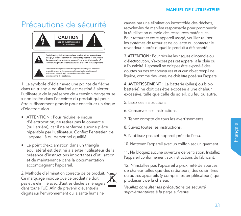 Précautions de sécurité, Français | Definitive Technology 1x8"Longthrow Woofer and 2-8" Radiators (Black) User Manual | Page 34 / 138