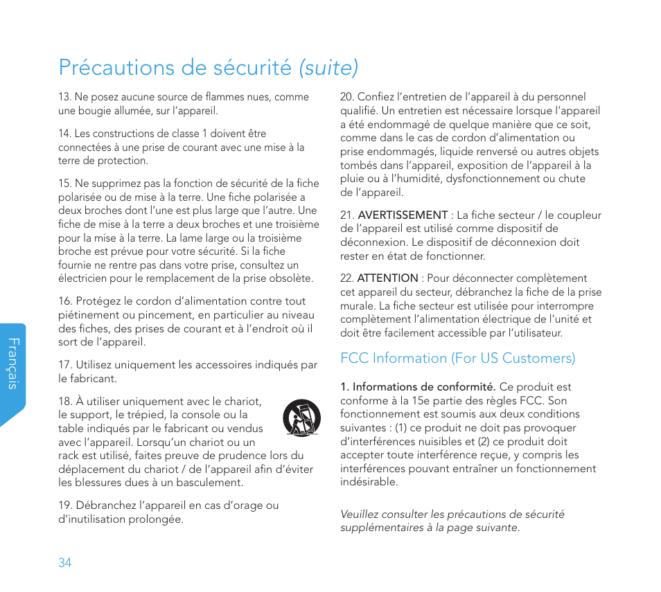 Précautions de sécurité (suite) | Definitive Technology 1x8"Longthrow Woofer and 2-8" Radiators (Black) User Manual | Page 35 / 138