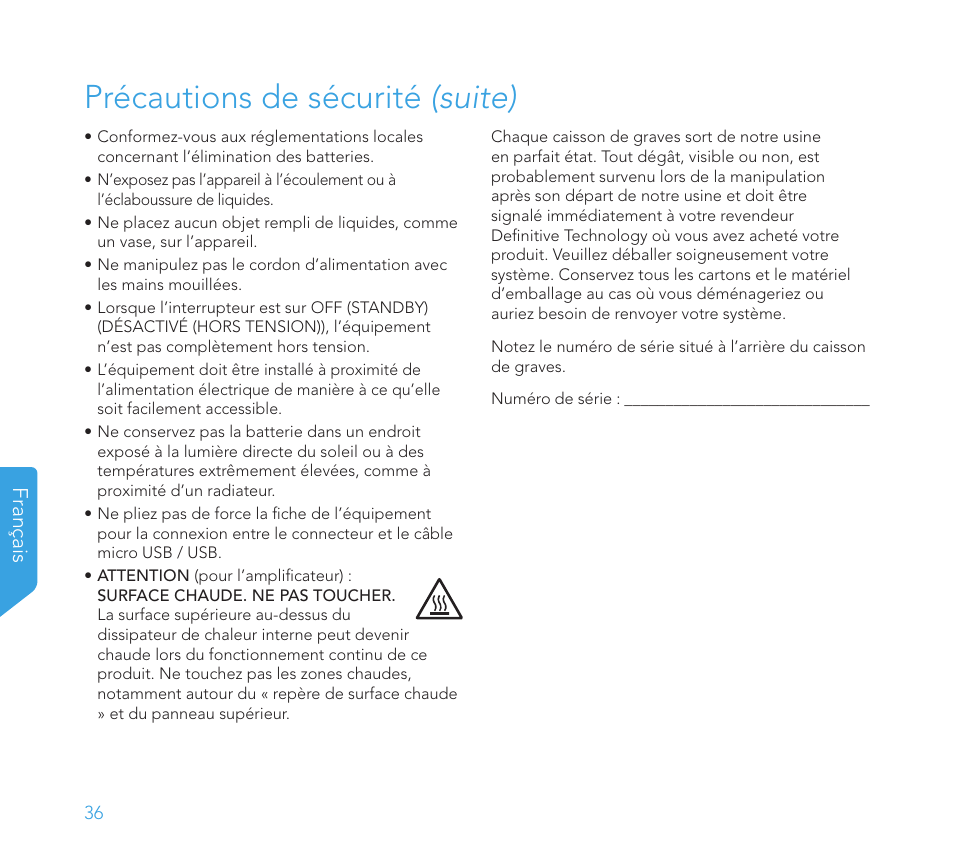 Précautions de sécurité (suite), Français | Definitive Technology 1x8"Longthrow Woofer and 2-8" Radiators (Black) User Manual | Page 37 / 138