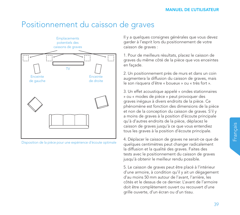 Positionnement du caisson de graves, Français | Definitive Technology 1x8"Longthrow Woofer and 2-8" Radiators (Black) User Manual | Page 40 / 138