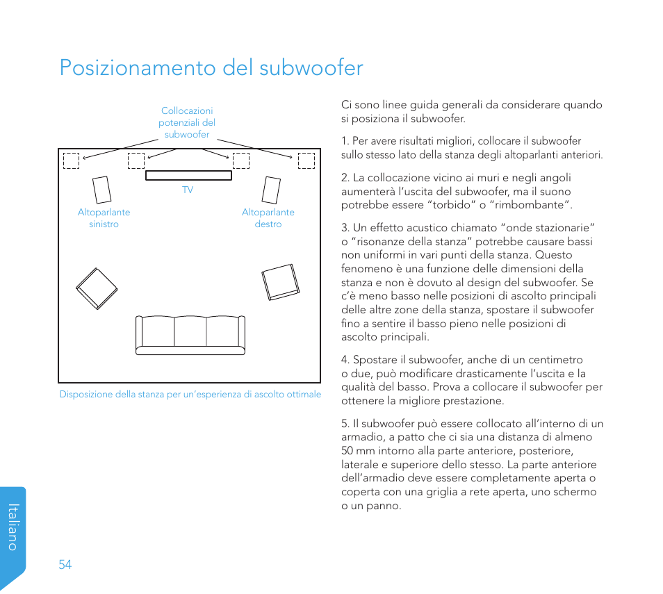 Posizionamento del subwoofer, Italiano | Definitive Technology 1x8"Longthrow Woofer and 2-8" Radiators (Black) User Manual | Page 55 / 138