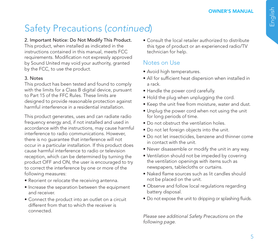 Safety precautions ( continued ) | Definitive Technology 1x8"Longthrow Woofer and 2-8" Radiators (Black) User Manual | Page 6 / 138