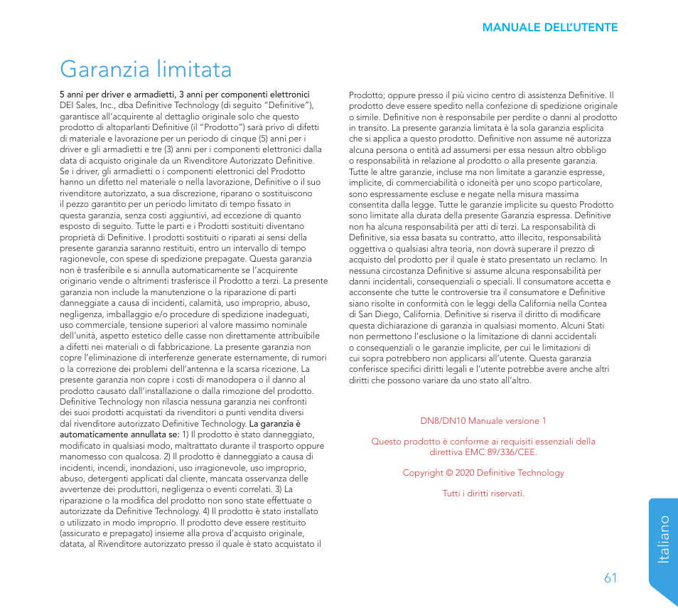 Garanzia limitata, Italiano | Definitive Technology 1x8"Longthrow Woofer and 2-8" Radiators (Black) User Manual | Page 62 / 138