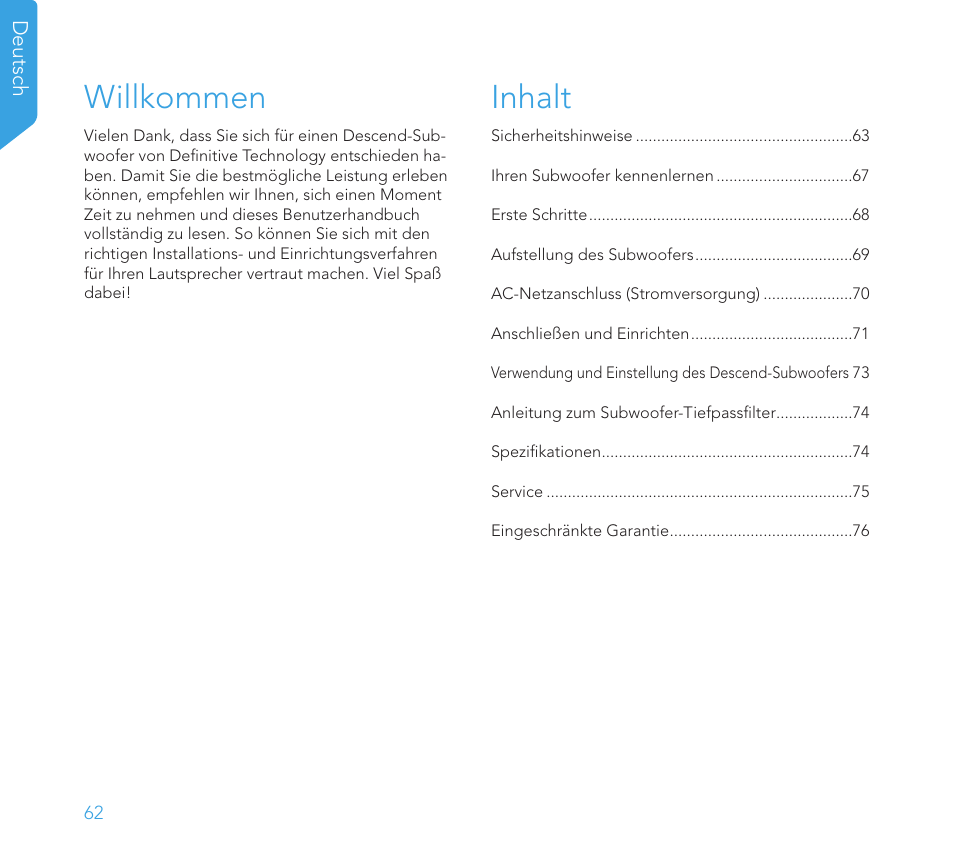 Willkommen, Inhalt | Definitive Technology 1x8"Longthrow Woofer and 2-8" Radiators (Black) User Manual | Page 63 / 138