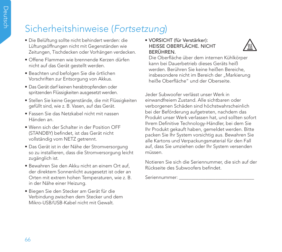 Sicherheitshinweise ( fortsetzung ) | Definitive Technology 1x8"Longthrow Woofer and 2-8" Radiators (Black) User Manual | Page 67 / 138