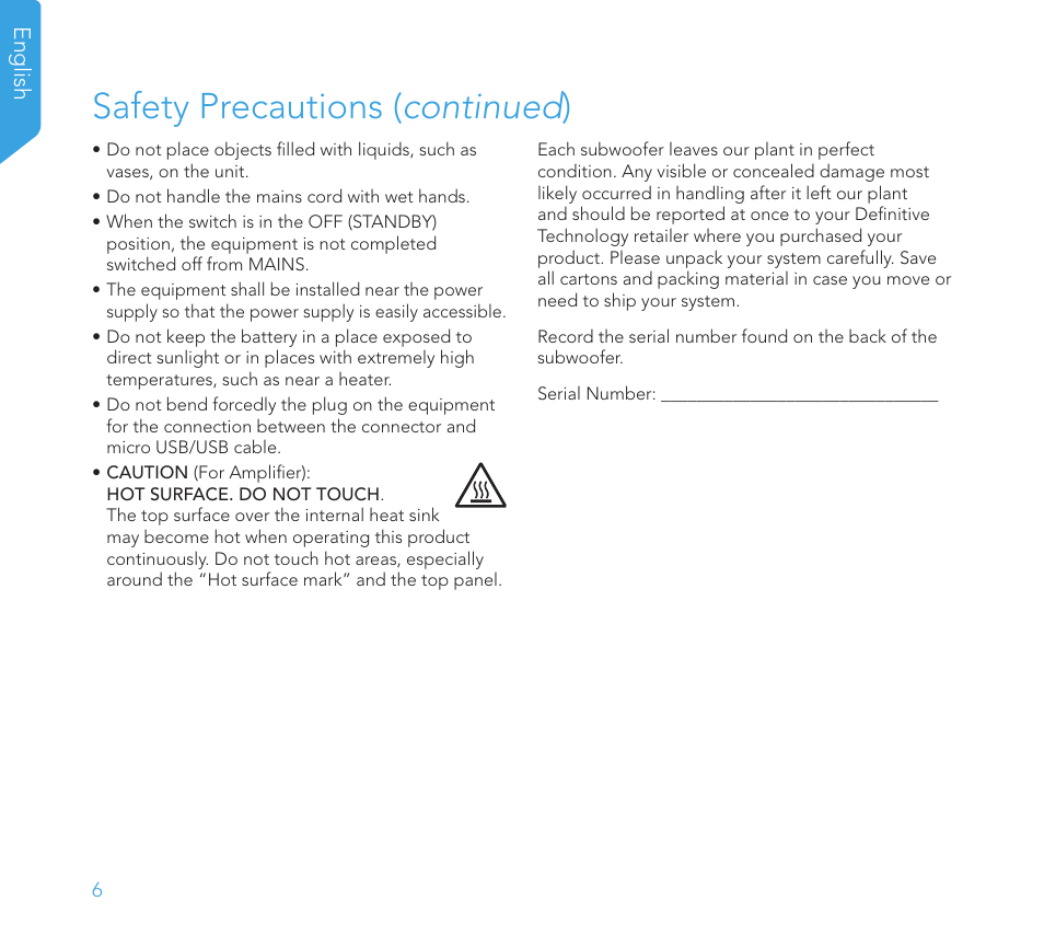 Safety precautions ( continued ) | Definitive Technology 1x8"Longthrow Woofer and 2-8" Radiators (Black) User Manual | Page 7 / 138