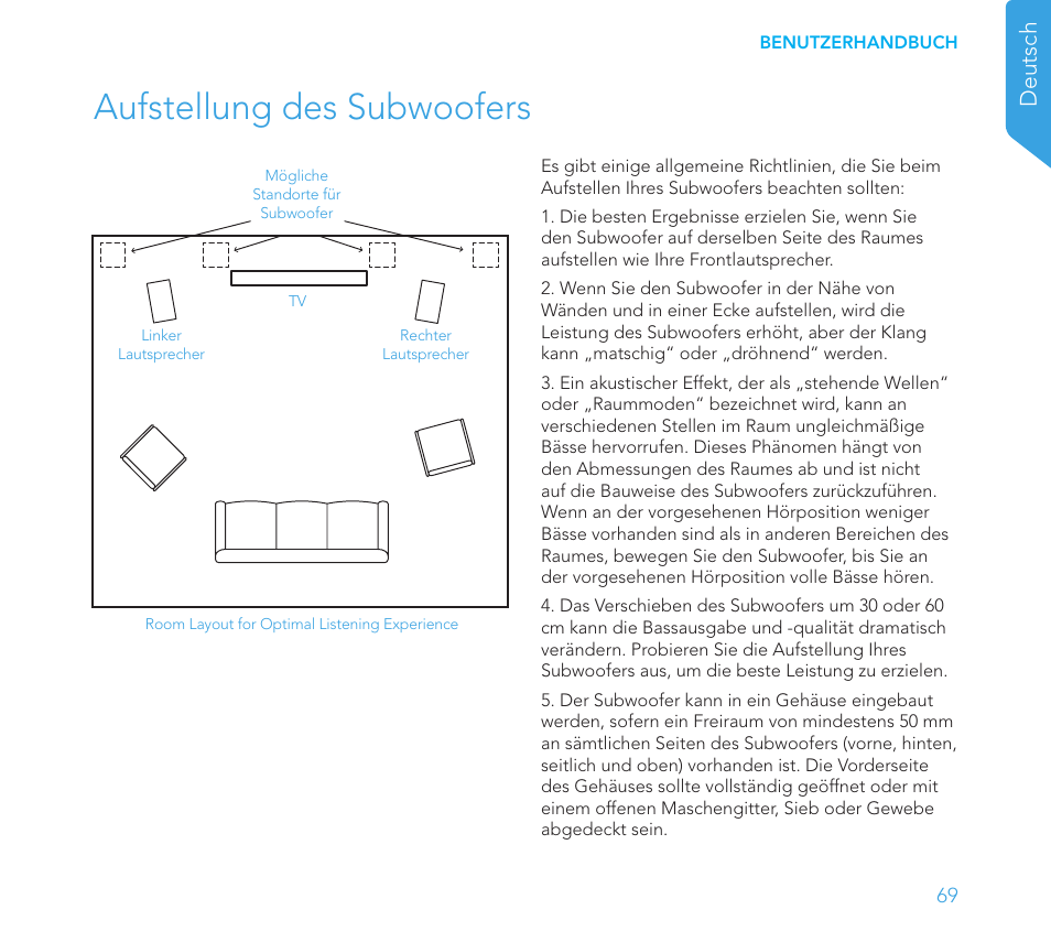 Aufstellung des subwoofers, Deutsch | Definitive Technology 1x8"Longthrow Woofer and 2-8" Radiators (Black) User Manual | Page 70 / 138